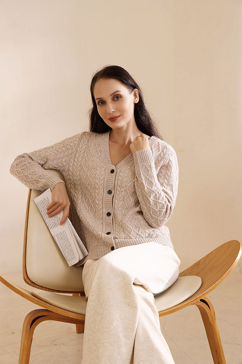 Ladies Luxury Aran Cable Knit V Neck Button Cardigan Made with cashmere by Inis Aran Ireland#color_seoul-beige
