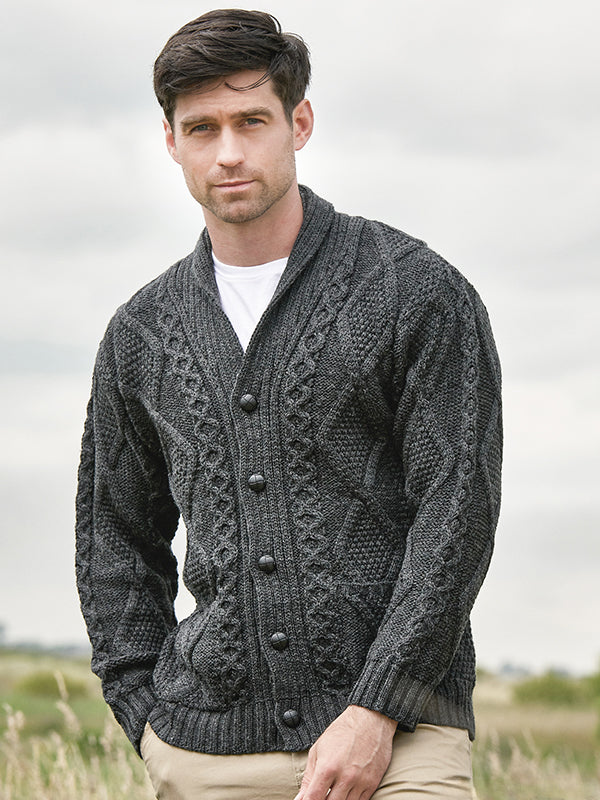 Mens Aran Cable Knit Button Cardigan#color_charcoal$men