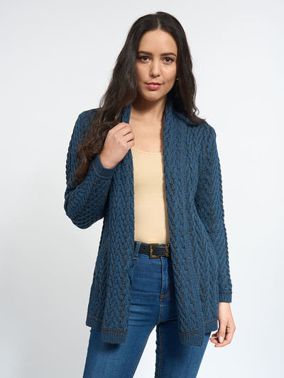 Aran Knit Open Jacket in Merino Wool#color_mallard-blue$women