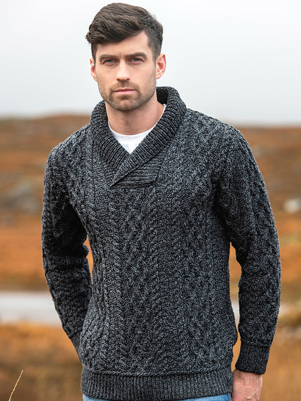 Aran Knit Shawl Sweater Made in Ireland#color_charcoal