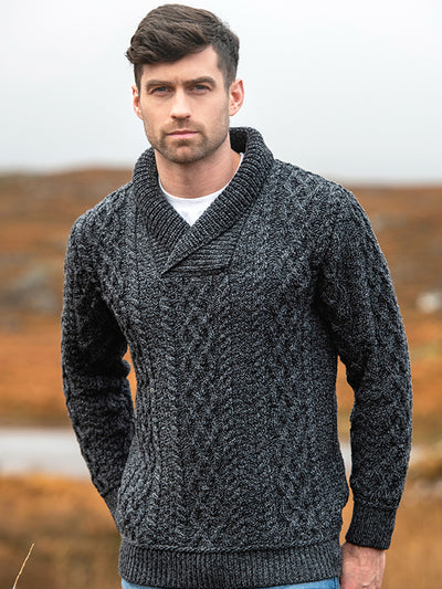 Aran Knit Shawl Sweater Made in Ireland#color_charcoal$men