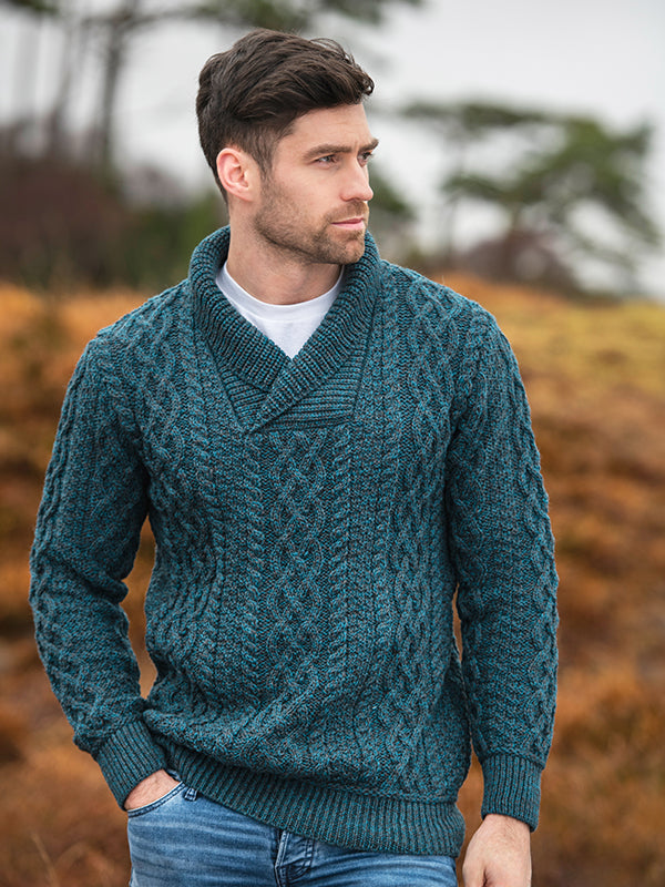 Aran Knit Shawl Sweater Made in Ireland#color_peacock$men