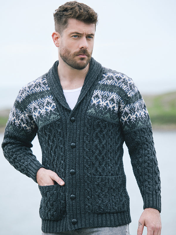 Aran Knit Shawl Cardigan Made in Ireland#color_charcoal$men