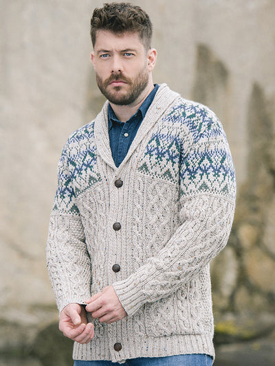 Aran Knit Shawl cardigan Made in Ireland#color_oatmeal$men