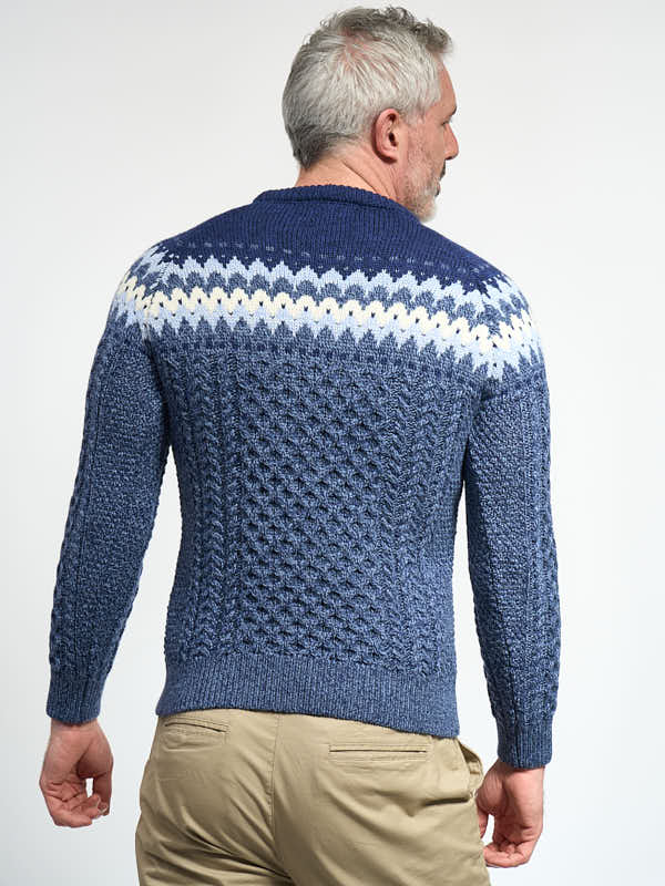 Mens Aran Sweater with Fairisle Design#color_denim$men