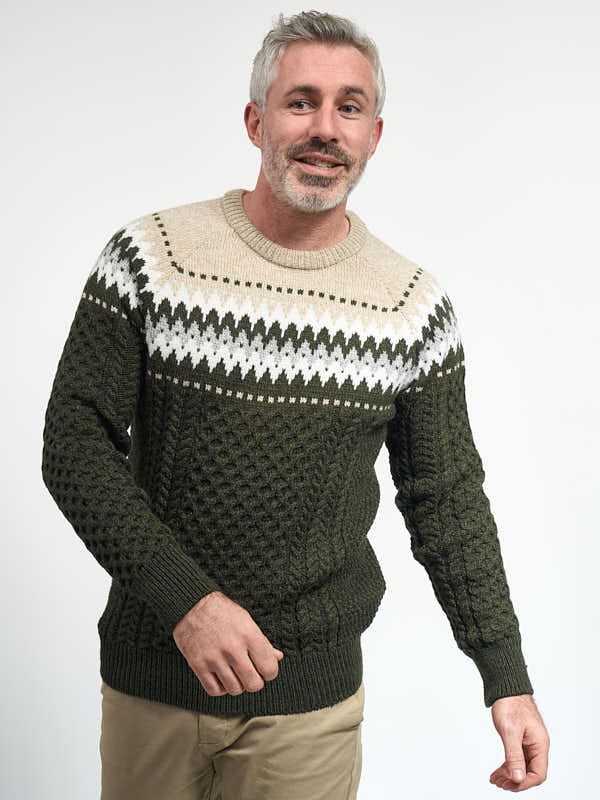 Mens Aran Sweater with Fairisle Design#color_army-green$men