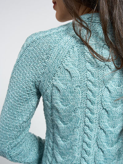 Aran Cable Knit V Neck Sweater with Cashmere#color_aqua$women