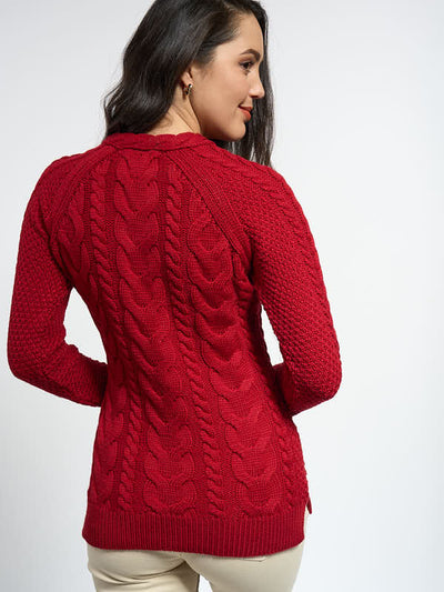 Aran Cable Knit V Neck Sweater with Cashmere#color_red$women