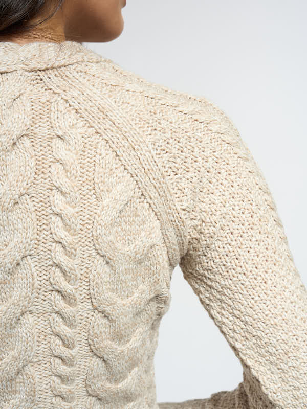 Aran Cable Knit V Neck Sweater with Cashmere#color_camel$women