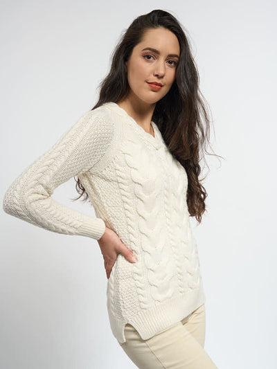 Aran Cable Knit V Neck Sweater with Cashmere#color_natural$women