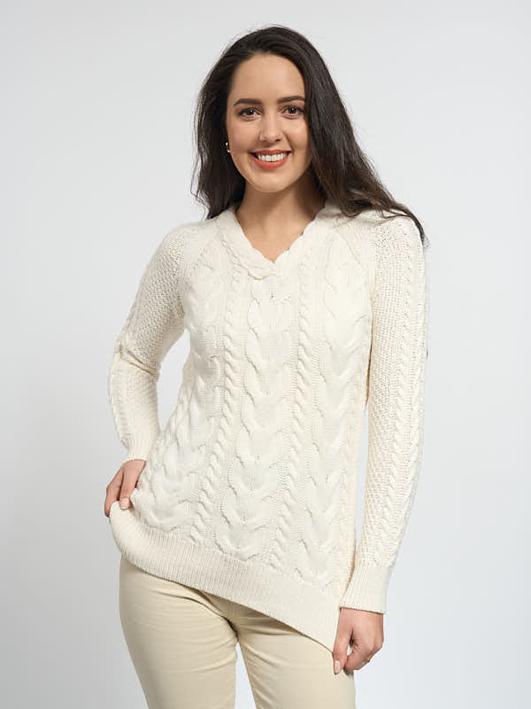 Aran Cable Knit V Neck Sweater with Cashmere#color_natural$women