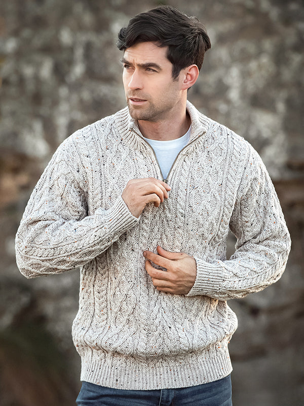 Aran Knit zip sweater Made in Ireland#color_oatmeal