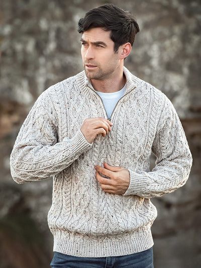 Aran Knit zip sweater Made in Ireland#color_oatmeal$men