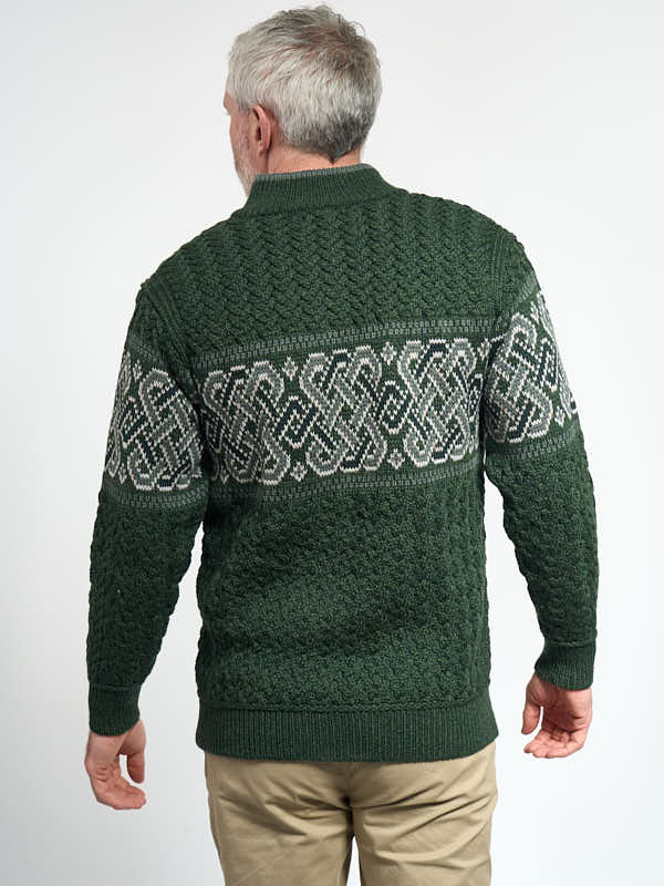 Mens Half Zip Celtic Aran Knit Sweater#color_army-green$men