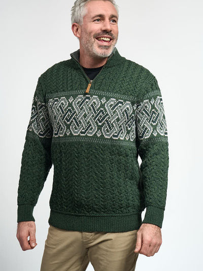 Mens Half Zip Celtic Aran Knit Sweater#color_army-green$men