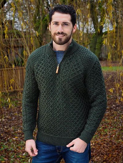 Aran 1/4 zip Sweater in Super Soft Merino Wool#color_army-green$men