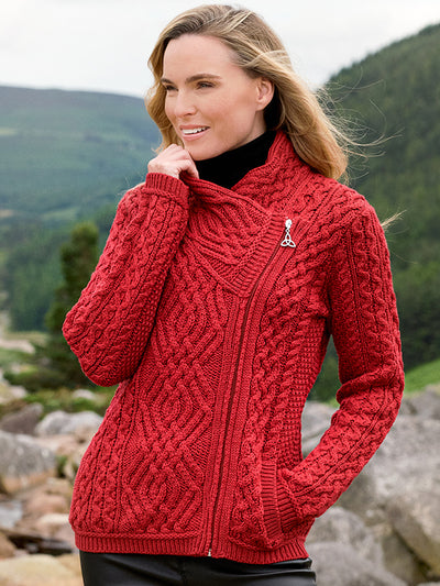 Aran Knit Biker Jacket#colour_red