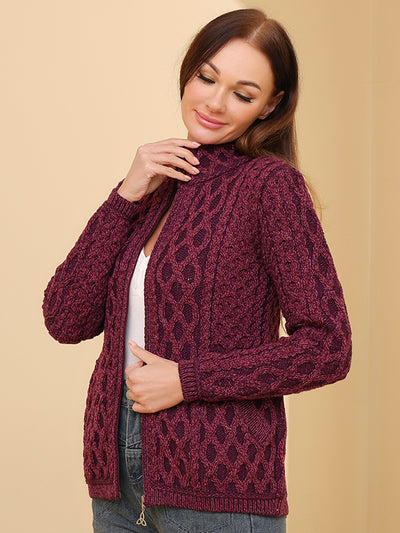 Aran Knit Zip Cardigan#color_purple