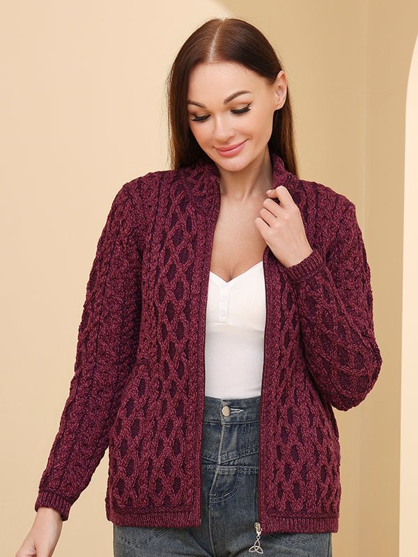 Aran Knit Zip Cardigan#color_purple