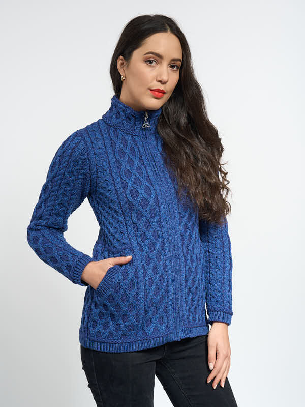 Ladies Aran Knit Zip Hoodie#colour_blue$women
