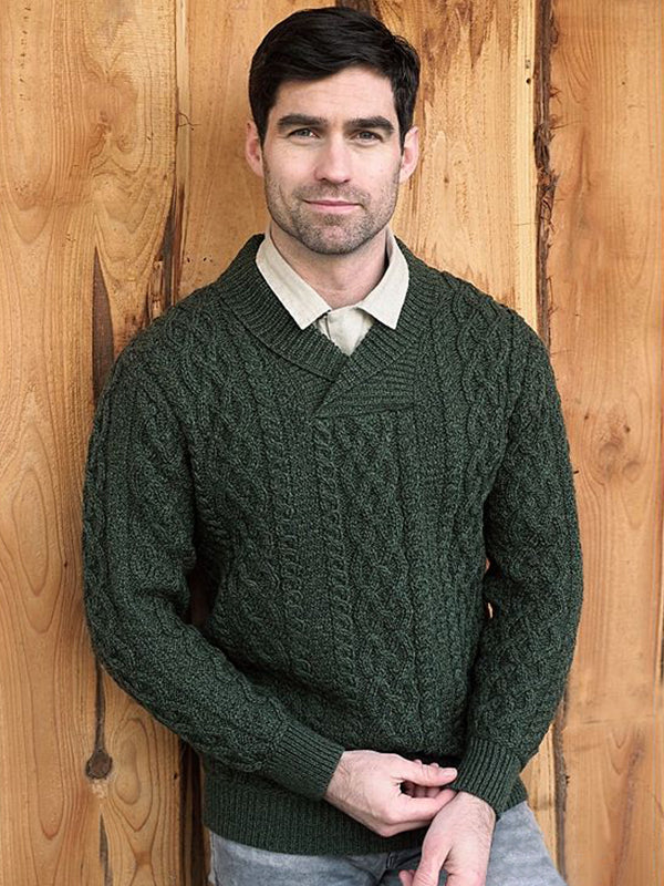 aran knit shawl neck sweater#color_army-green