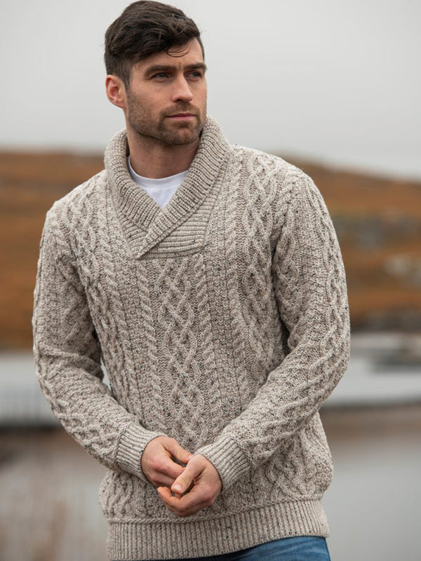 aran shawl neck sweater#color_oatmeal