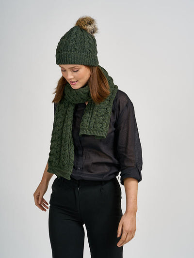 Aran Knit Pom Pom Hat & Scarf#color_army-green