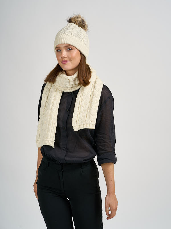 Aran Knit Pom Pom Hat & Scarf#color_natural