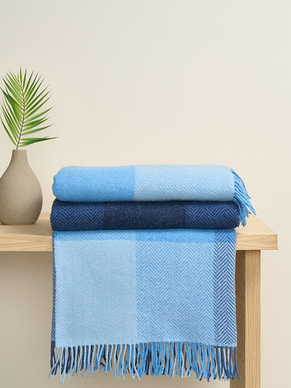 Wool Cashmere Blanket in a Blue Block Pattern