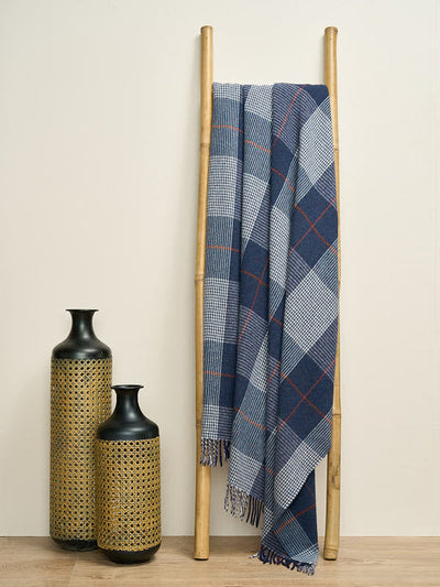 Lambswool Throw in Navy Grey Check Pattern