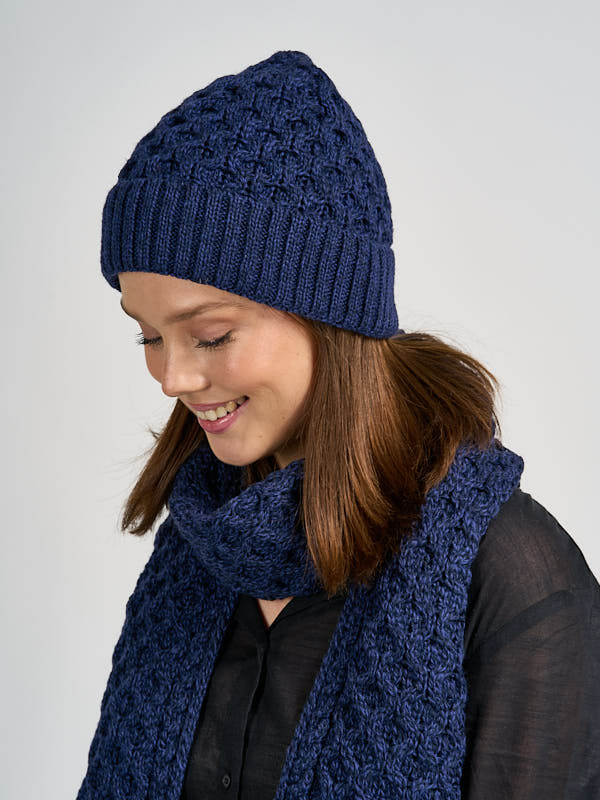 Irish Aran Knit Wool Beanie#color_blue