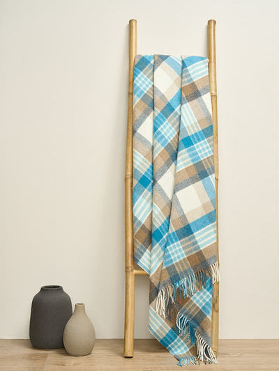 Lambswool Throw with Aqua Camel Plaid Pattern