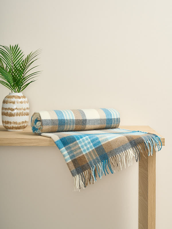 Lambswool Throw with Aqua Camel Plaid Pattern
