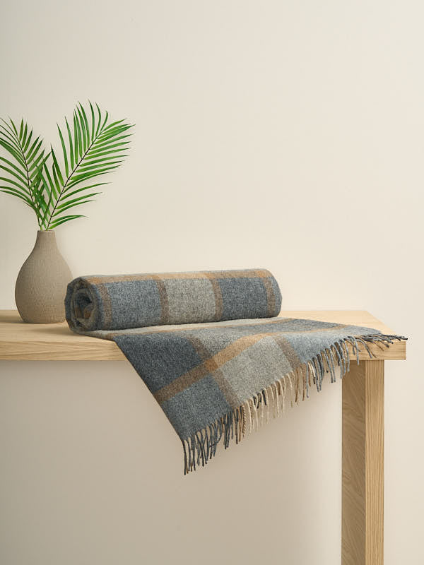 Lambswool Blanket in Soft Beige Grey Block Design