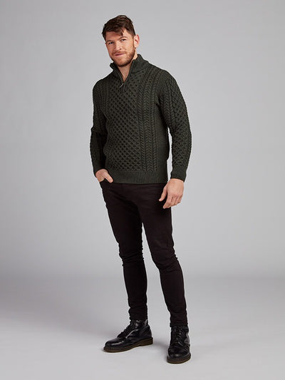 Mens Aran Half Zip Sweater#colour_army-green