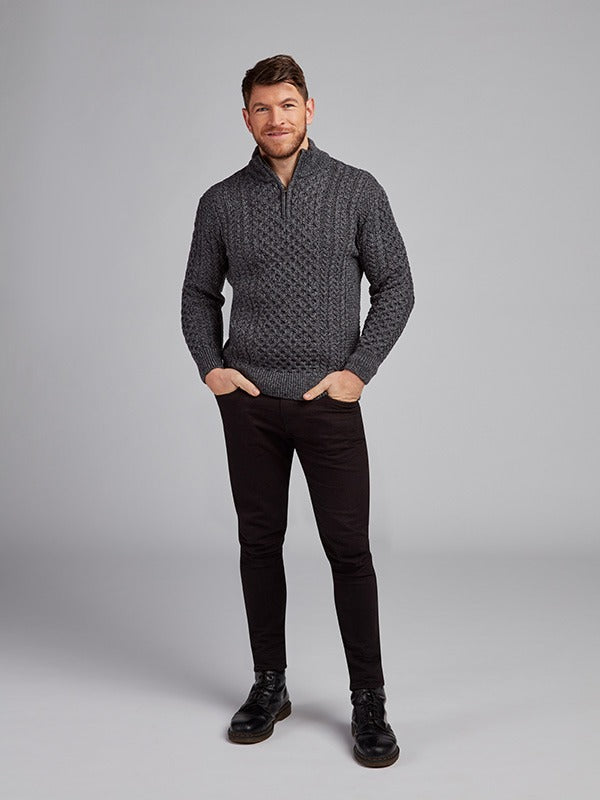 Mens Aran Half Zip Sweater#colour_slate-grey