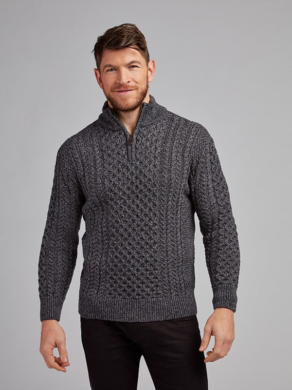 Mens Aran Half Zip Sweater#colour_slate-grey$men