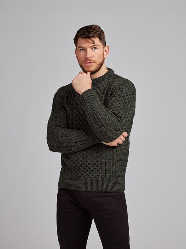 Mens Aran Knit Sweater#colour_army-green