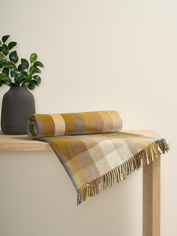 Lambswool Blanket with Soft Mustard & Beige Check
