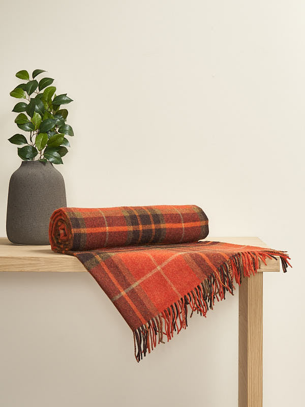 Lambswool Blanket with Orange Tartan Designs