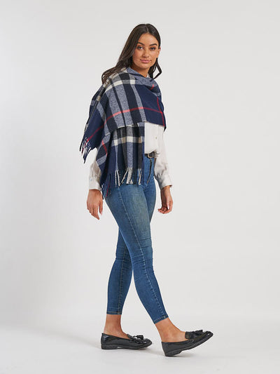 Wide Lambswool Scarf in Navy White Plaid