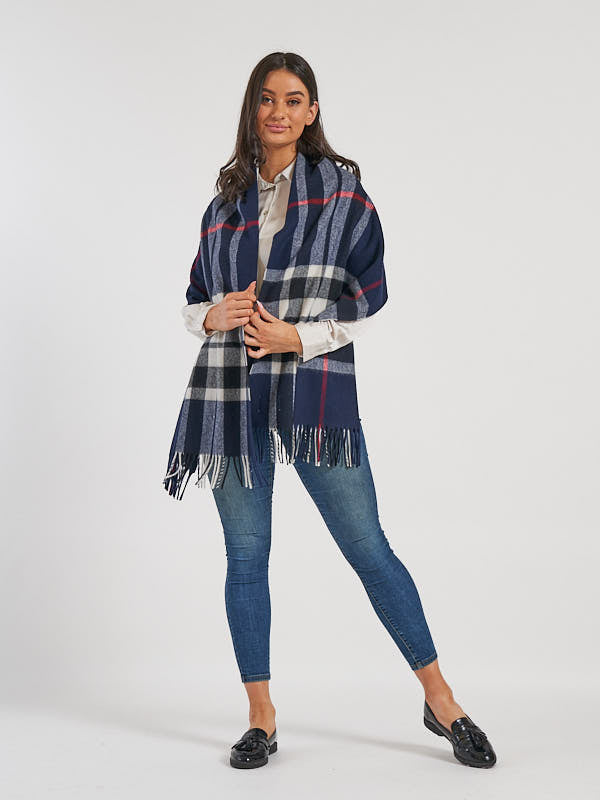 Wide Lambswool Scarf in Navy White Plaid