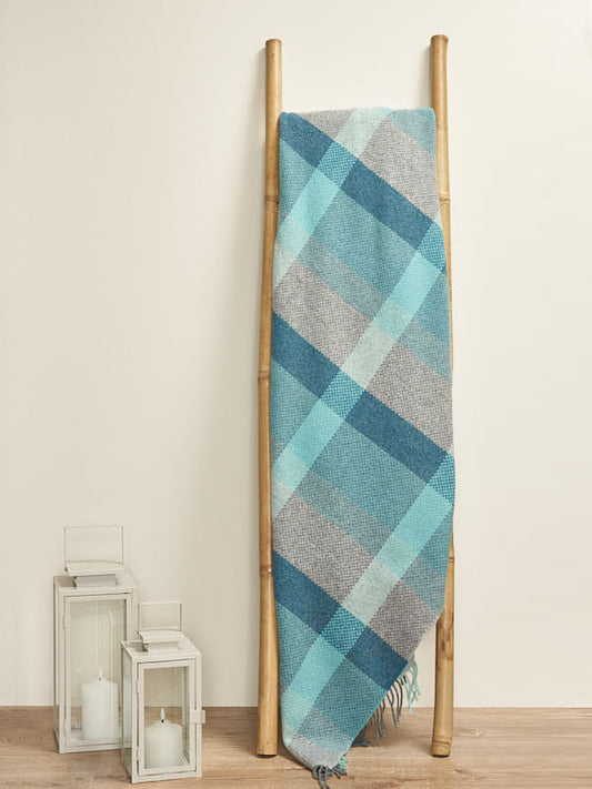 Wool Cashmere Blanket in a Duck Egg Check pattern