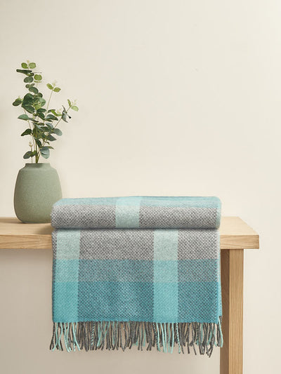 Wool Cashmere Blanket in a Duck Egg Check pattern