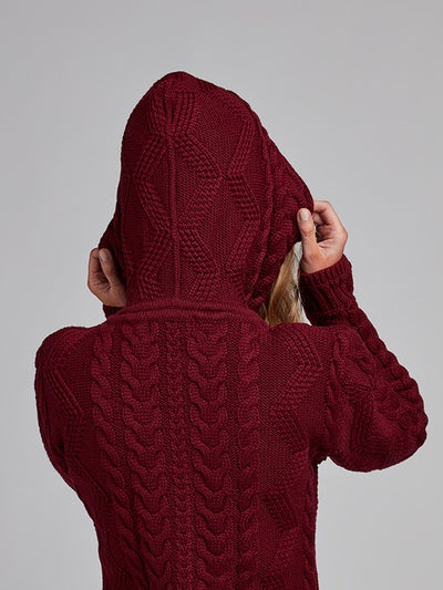 Ladies Aran Knit Hoodie#colour_burgundy