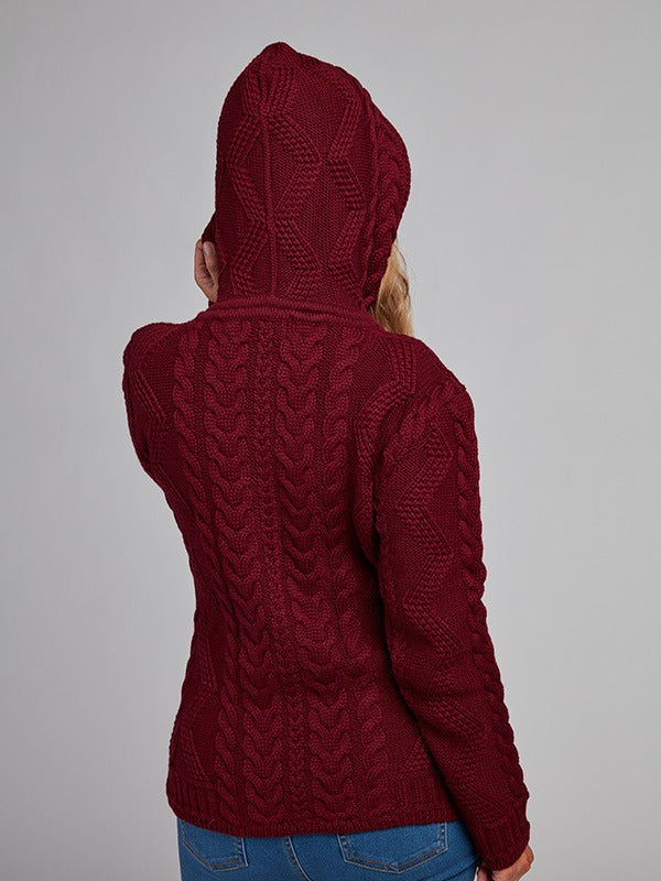 Ladies Aran Knit Hoodie#colour_burgundy