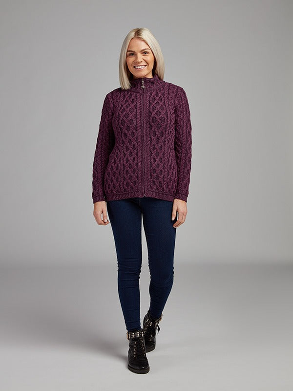Ladies Aran Cable Knit Jacket#colour_purple$women