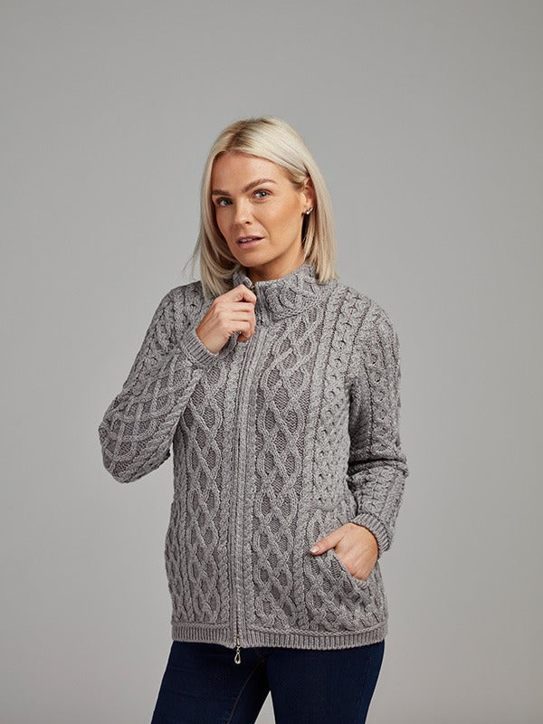 Ladies Aran Cable Knit Jacket#colour_grey$women