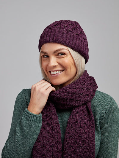 Irish Aran Knit Wool Beanie#color_purple$women