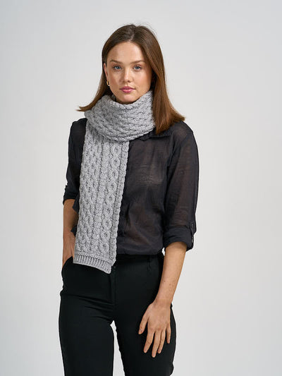 Aran Knit wool beanie hat & scarf set#color_grey$women